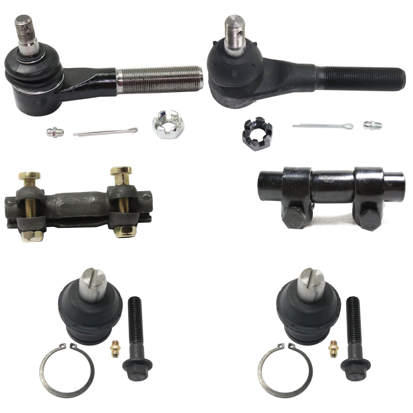 6-Piece Kit Front, Driver and Passenger Side, Outer Tie Rod End, RWD Includes (2)Ball Joint, (2)Tie Rod Adjusting Sleeve and (2)Tie Rod End