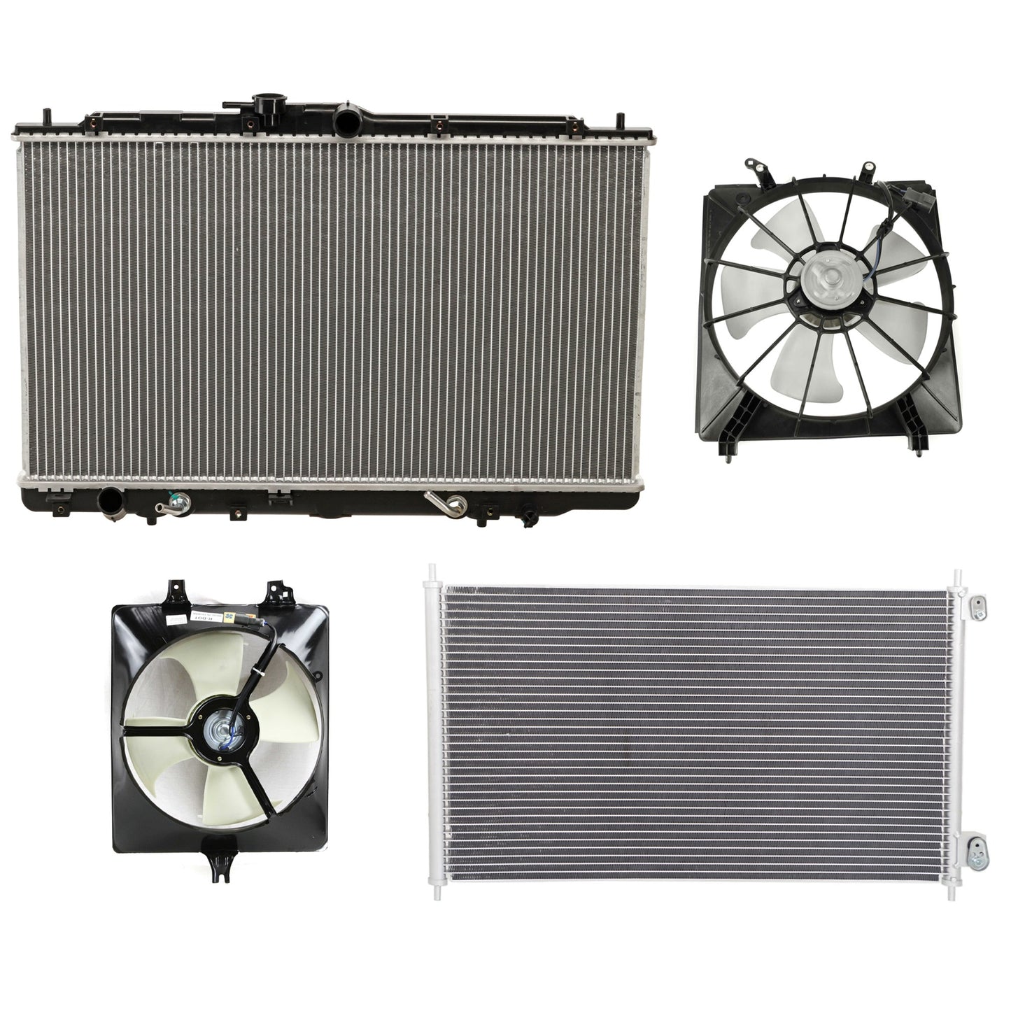 4-Piece Kit A/C Condenser, Includes (1) A/C Condenser, (2) Cooling Fan Assembly and (1) Radiator
