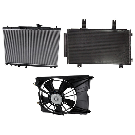 3-Piece Kit A/C Condenser, 2.0L, 4Cyl, Includes (1) A/C Condenser, (1) Cooling Fan Assembly and (1) Radiator
