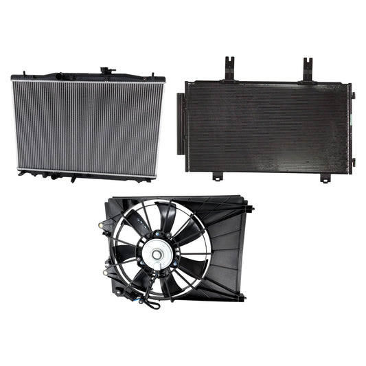 3-Piece Kit A/C Condenser, 2.0L, 4Cyl, Includes (1) A/C Condenser, (1) Cooling Fan Assembly and (1) Radiator