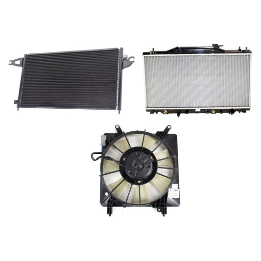 3-Piece Kit A/C Condenser, 2.0L, 4Cyl, Includes (1) A/C Condenser, (1) Cooling Fan Assembly and (1) Radiator