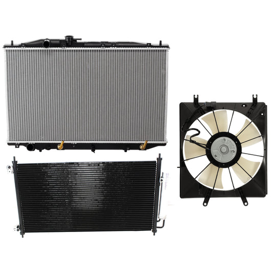 3-Piece Kit A/C Condenser, Includes (1) A/C Condenser, (1) Cooling Fan Assembly and (1) Radiator