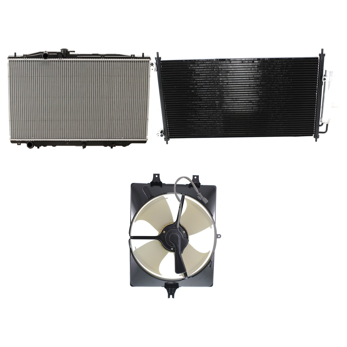 3-Piece Kit A/C Condenser, 3.2L, 6Cyl, Includes (1) A/C Condenser, (1) Cooling Fan Assembly and (1) Radiator