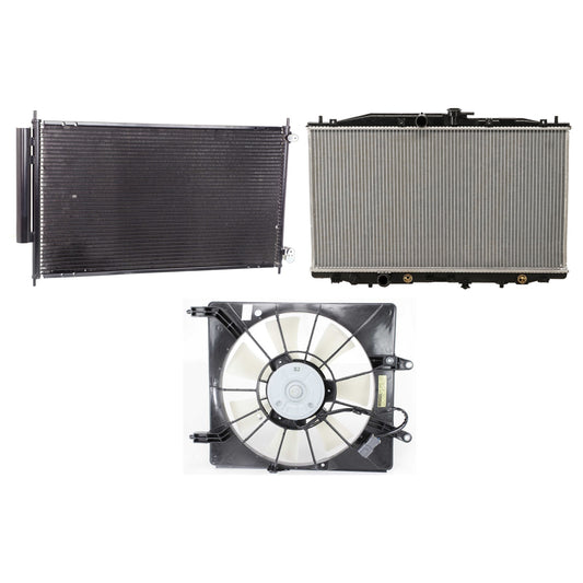 3-Piece Kit A/C Condenser, 2.4L, 4Cyl, Includes (1) A/C Condenser, (1) Cooling Fan Assembly and (1) Radiator