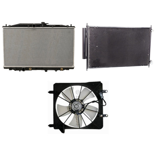 3-Piece Kit A/C Condenser, 2.4L, 4Cyl, Includes (1) A/C Condenser, (1) Cooling Fan Assembly and (1) Radiator