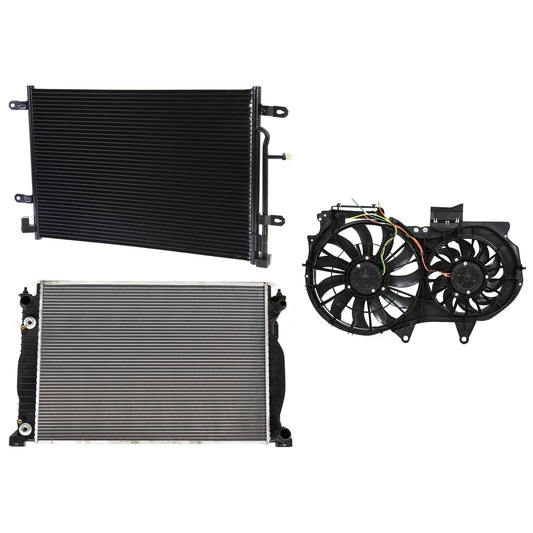 3-Piece Kit A/C Condenser, Includes (1) A/C Condenser, (1) Cooling Fan Assembly and (1) Radiator