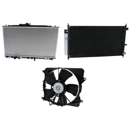 3-Piece Kit A/C Condenser, 2.3L, 4Cyl, Includes (1) A/C Condenser, (1) Cooling Fan Assembly and (1) Radiator