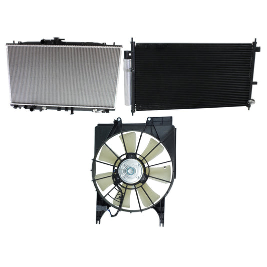 3-Piece Kit A/C Condenser, 2.3L, 4Cyl, Includes (1) A/C Condenser, (1) Cooling Fan Assembly and (1) Radiator