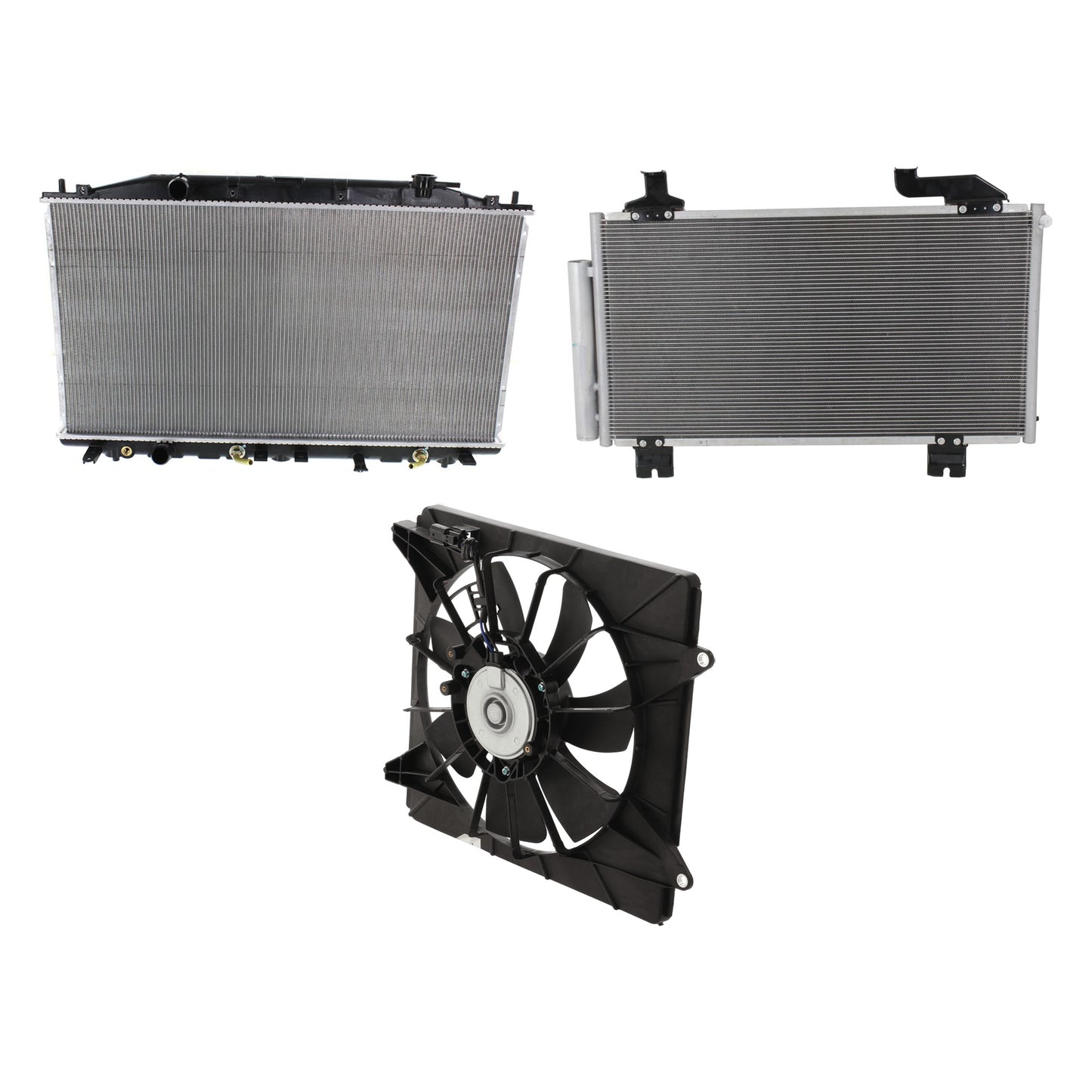 3-Piece Kit A/C Condenser, 2.4L, 4Cyl, Includes (1) A/C Condenser, (1) Cooling Fan Assembly and (1) Radiator
