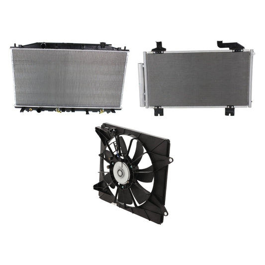 3-Piece Kit A/C Condenser, 2.4L, 4Cyl, Includes (1) A/C Condenser, (1) Cooling Fan Assembly and (1) Radiator
