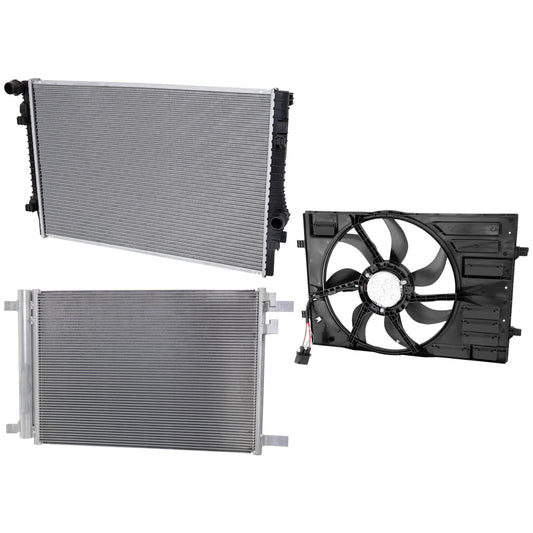 3-Piece Kit A/C Condenser, Includes (1) A/C Condenser, (1) Cooling Fan Assembly and (1) Radiator