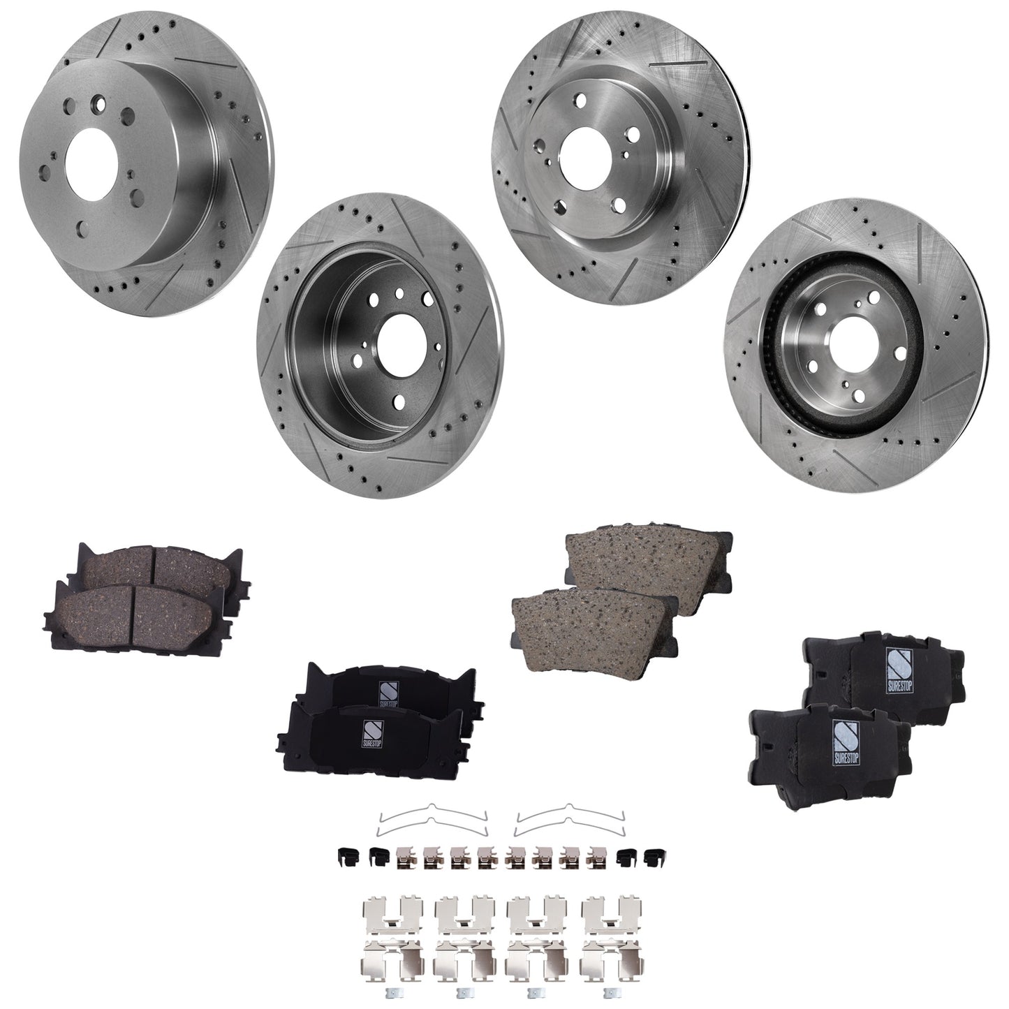 4-Wheel Set Front and Rear Brake Disc and Pad Kit, Cross-drilled and Slotted, 5 Lugs, Ceramic, Naturally Aspirated Engine, Pro-Line Series , includes (4) Brake Disc and (2) Brake Pad Set