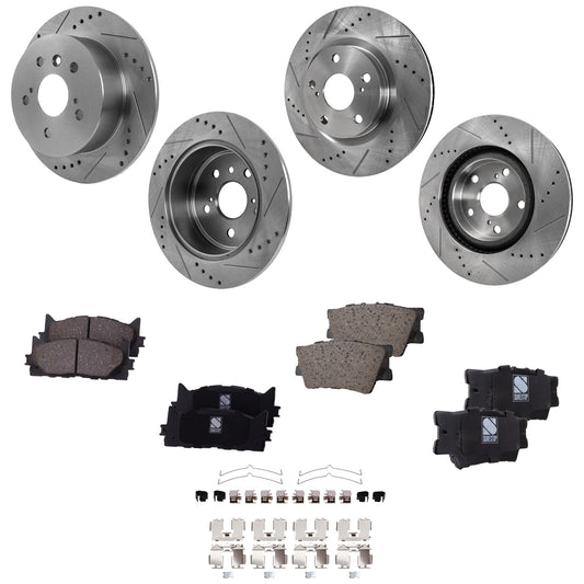 4-Wheel Set Front and Rear Brake Disc and Pad Kit, Cross-drilled and Slotted, 5 Lugs, Ceramic, Naturally Aspirated Engine, Pro-Line Series , includes (4) Brake Disc and (2) Brake Pad Set