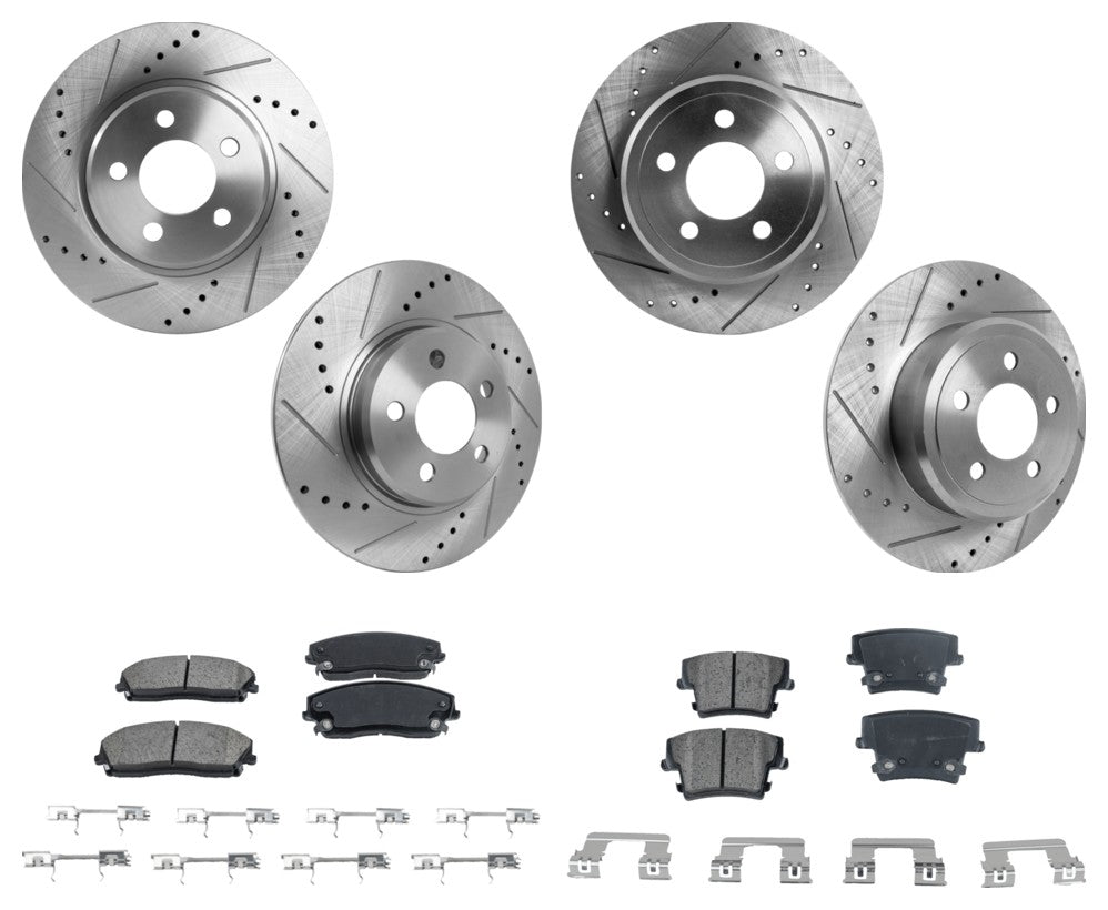 4-Wheel Set Front and Rear Brake Disc and Pad Kit, Cross-drilled and Slotted, 5 Lugs, Ceramic, Includes (4) Brake Disc and (2) Brake Pad Set