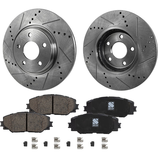 2-Wheel Set Front Brake Disc and Pad Kit, Cross-drilled and Slotted 5 Lugs 275 mm, Includes (1) Brake Pad Set and (2) Brake Disc