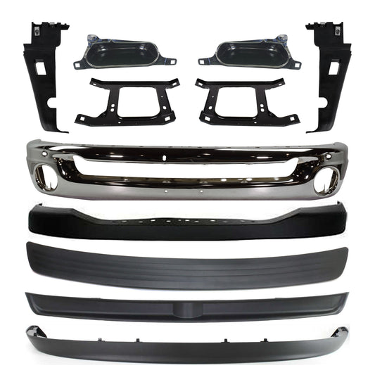 11-Piece Kit, Front Bumper, Chrome, Includes (1) Bumper, (6) Bumper Bracket, (1) Bumper Cover, (2) Bumper Trim, and (1) Valance