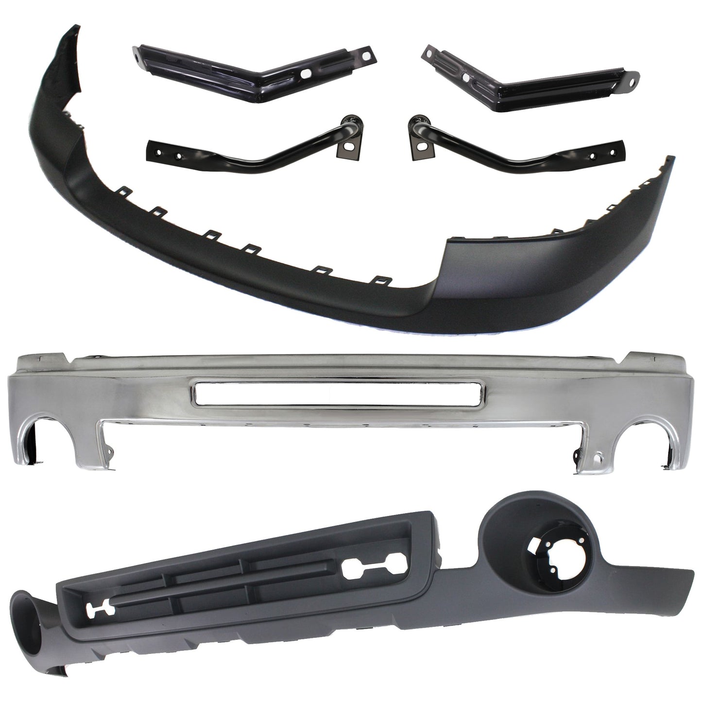 7-Piece Kit, Front Bumper, Chrome, Includes (1) Bumper, (4) Bumper Bracket, (1) Bumper Cover, and (1) Valance