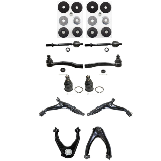 12-Piece Kit Front, Driver and Passenger Side, Upper and Lower Control Arms, Includes (2) Ball Joint, (4) Control Arm, (2) Strut Mount Bushing, and (4) Tie Rod End