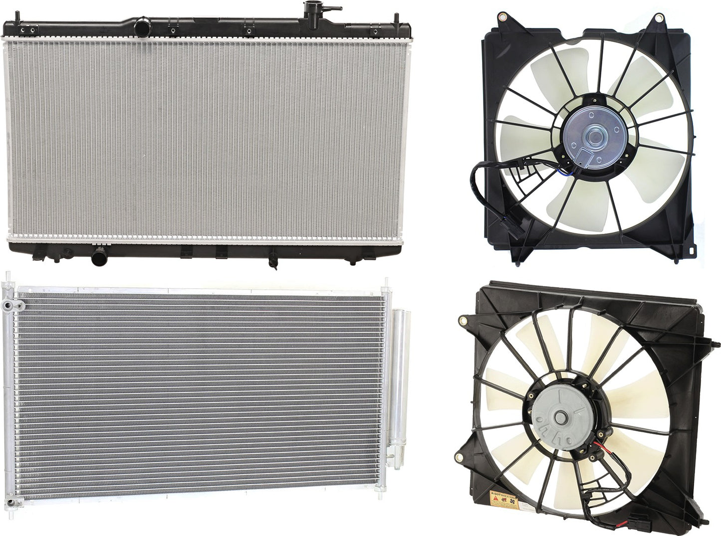 4-Piece Kit Radiator, 4 Cyl 2.4L, Sedan, includes (1) A/C Condenser, (2) Cooling Fan Assembly, and (1) Radiator