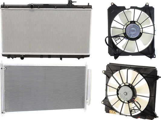 4-Piece Kit Radiator, 4 Cyl 2.4L, Sedan, includes (1) A/C Condenser, (2) Cooling Fan Assembly, and (1) Radiator