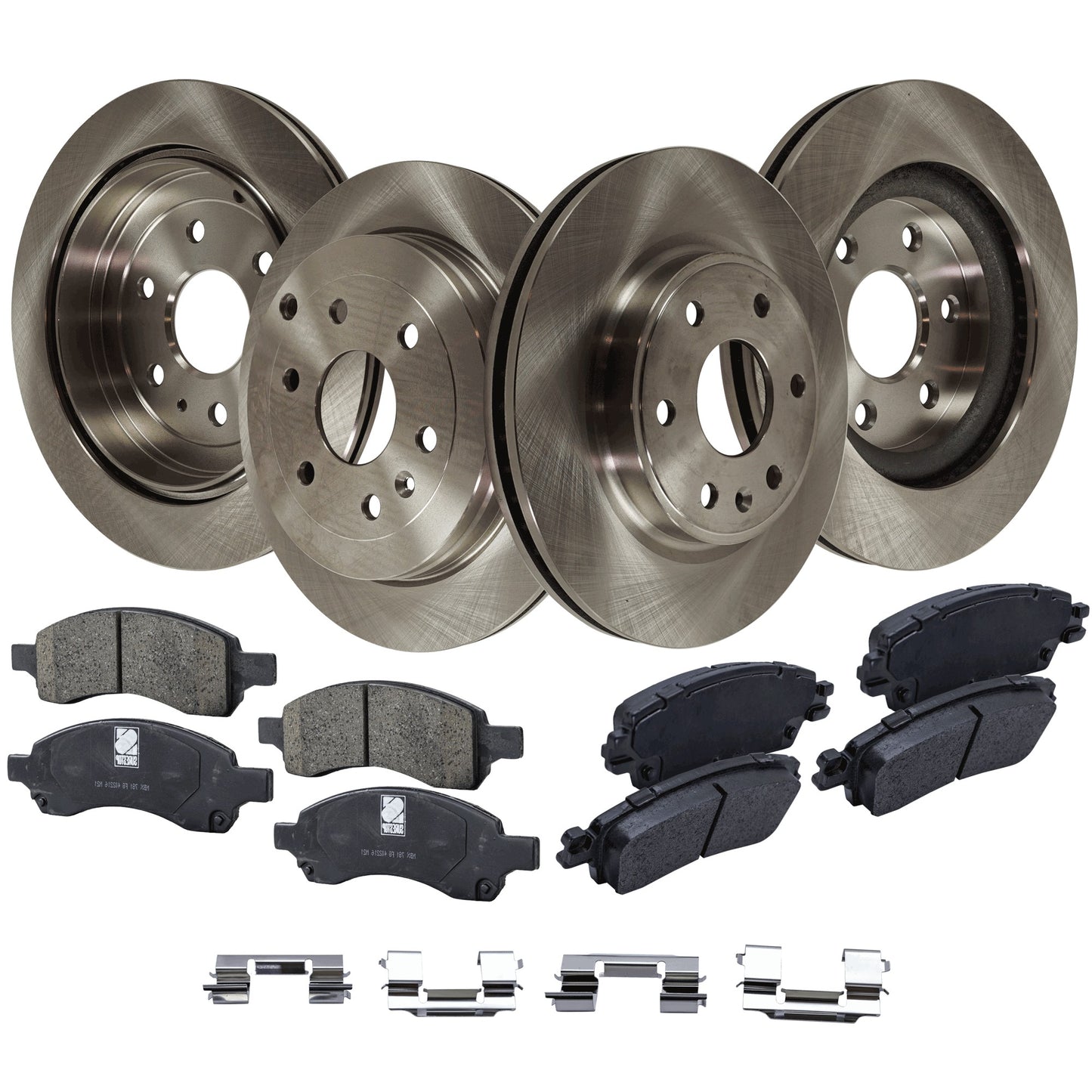 4-Wheel Set Front and Rear Brake Disc and Pad Kit, Plain Surface 6 Lugs Front-325.12 mm/Rear-330.96 mm Front-Ceramic/Rear-Semi-Metallic Pro-Line Series, Includes (2) Brake Pad Set and (4) Brake Disc