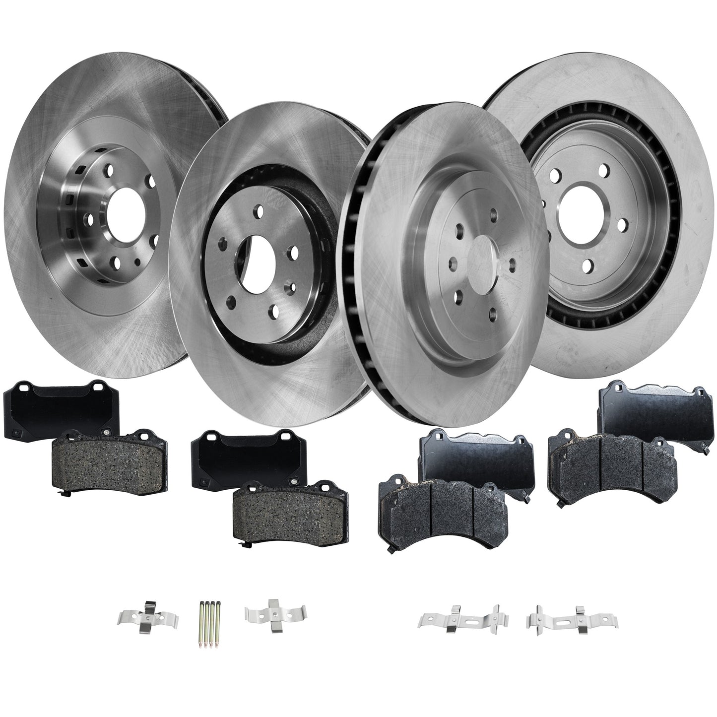 4-Wheel Set Brake Disc and Pad Kit, Plain Surface 5 Lugs Front-370.08 mm/Rear-365 mm Ceramic Pro-Line Series, Includes (4) Brake Disc and (2) Brake Pad Set