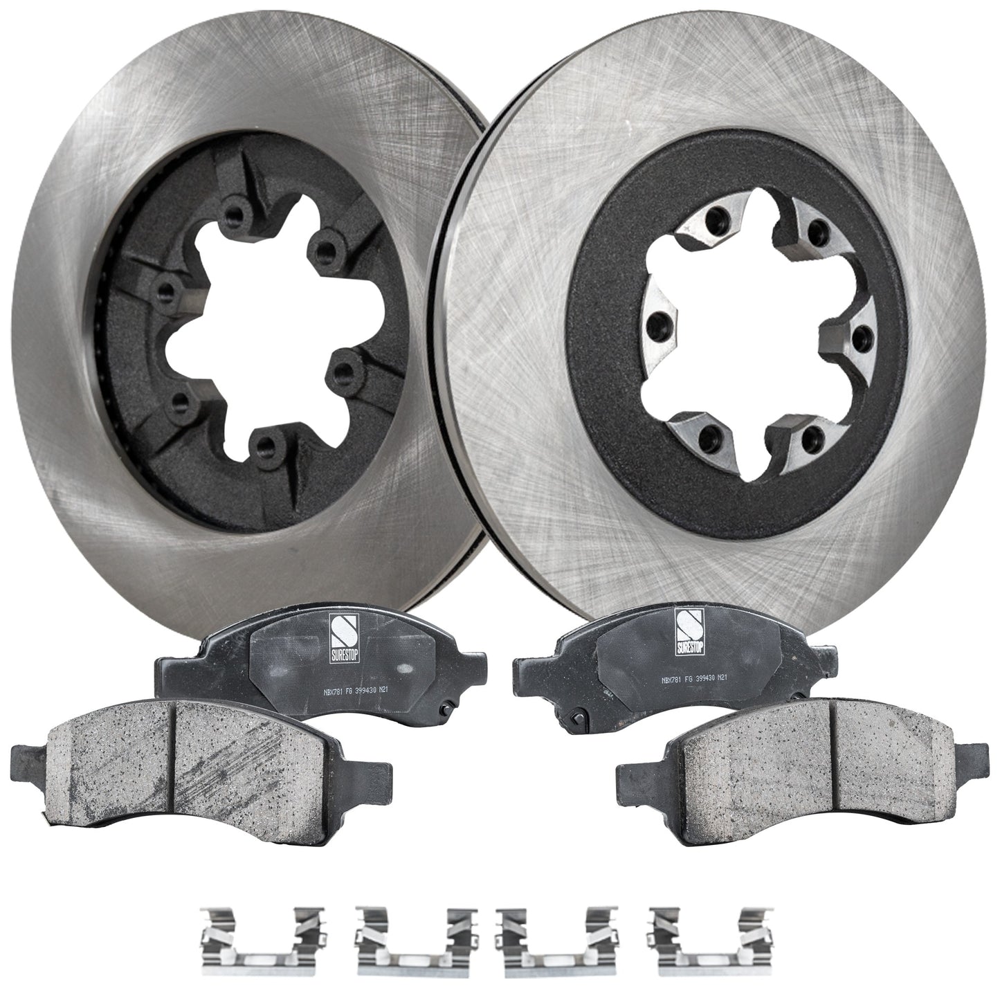 2-Wheel Set Front Brake Disc and Pad Kit, Plain Surface 6 Lugs 297.94 mm Ceramic Pro-Line Series, Includes (1) Brake Pad Set and (2) Brake Disc