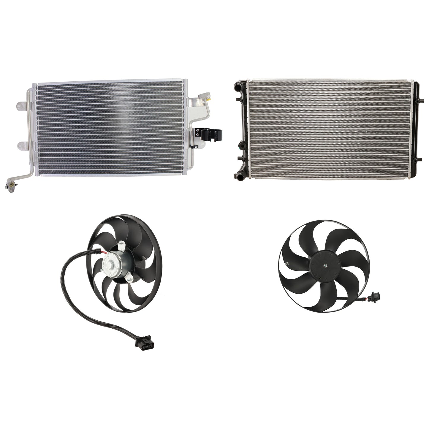 4-Piece Kit A/C Condenser, Includes (1) A/C Condenser, (2) Cooling Fan Assembly and (1) Radiator