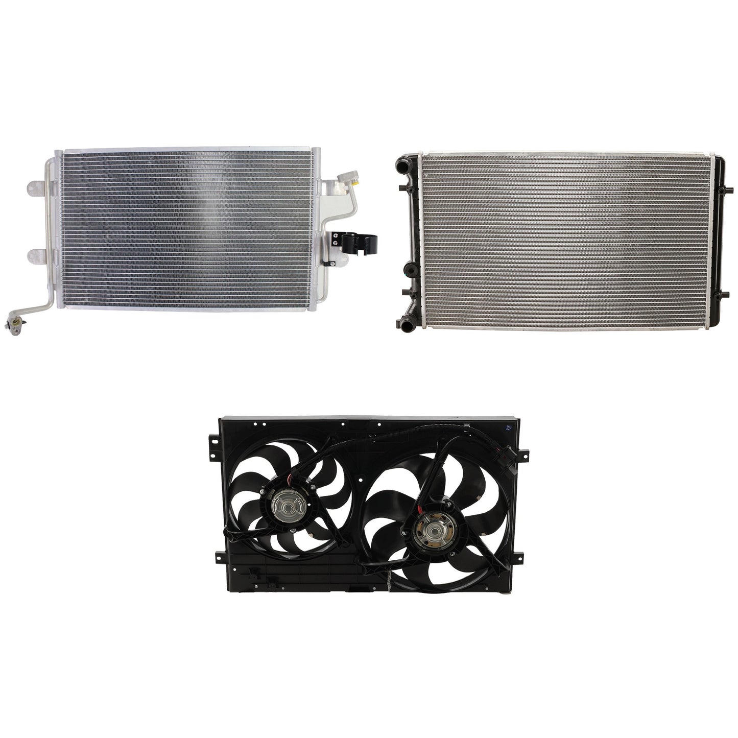 3-Piece Kit A/C Condenser, Includes (1) A/C Condenser, (1) Cooling Fan Assembly and (1) Radiator