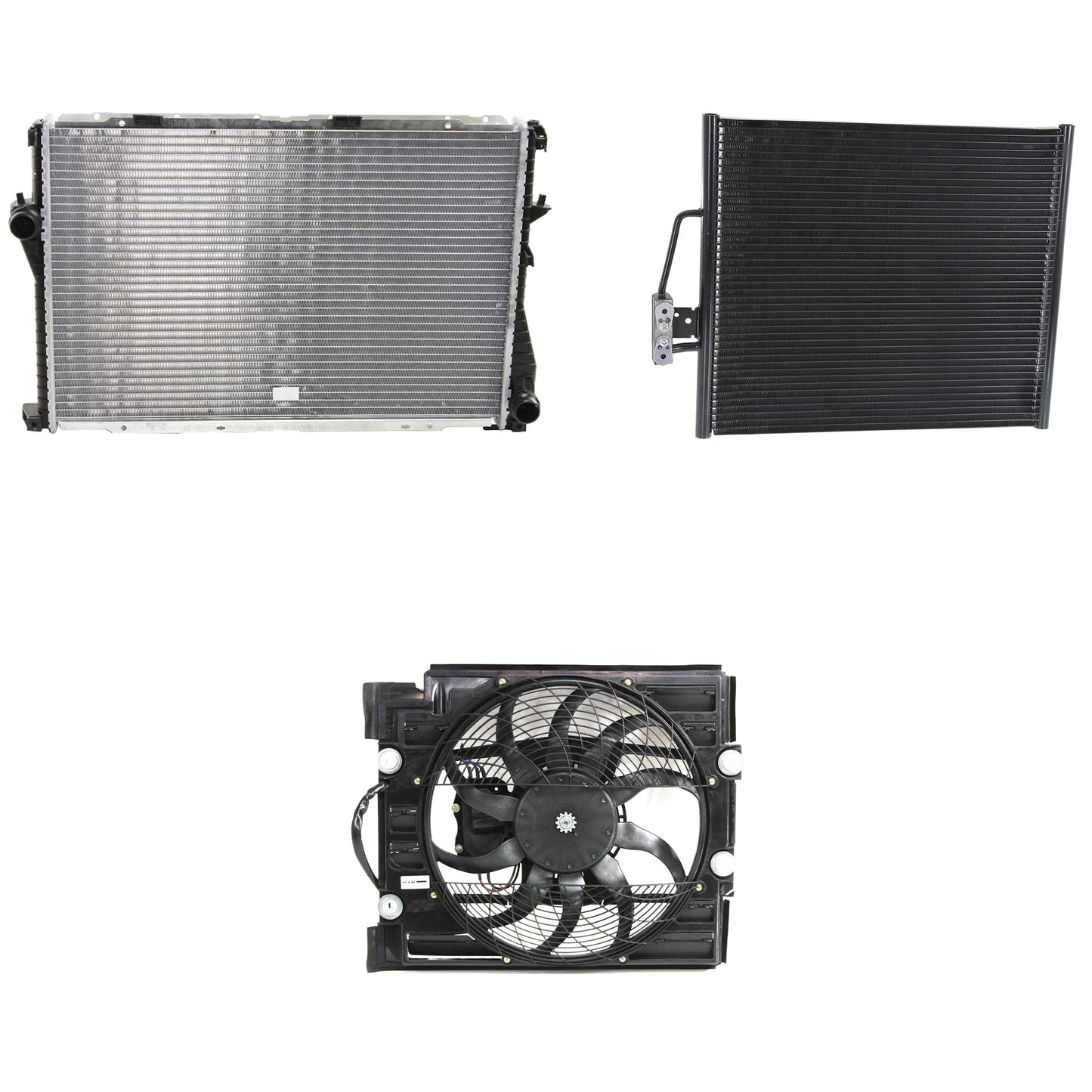 3-Piece Kit A/C Condenser, Includes (1) A/C Condenser, (1) Cooling Fan Assembly and (1) Radiator