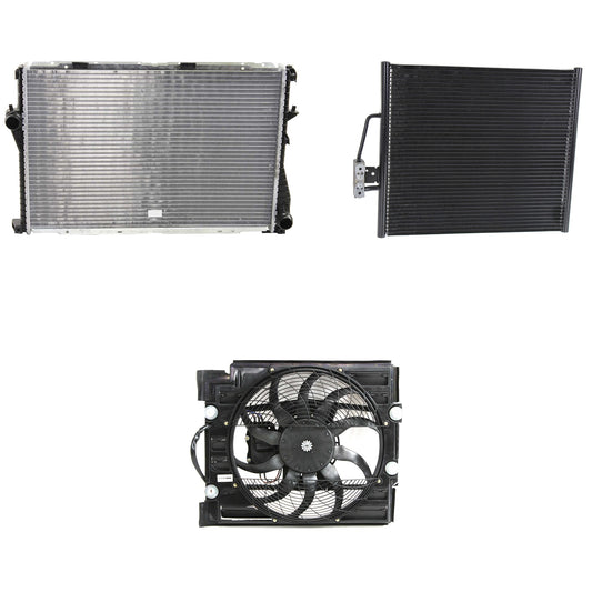 3-Piece Kit A/C Condenser, Includes (1) A/C Condenser, (1) Cooling Fan Assembly and (1) Radiator