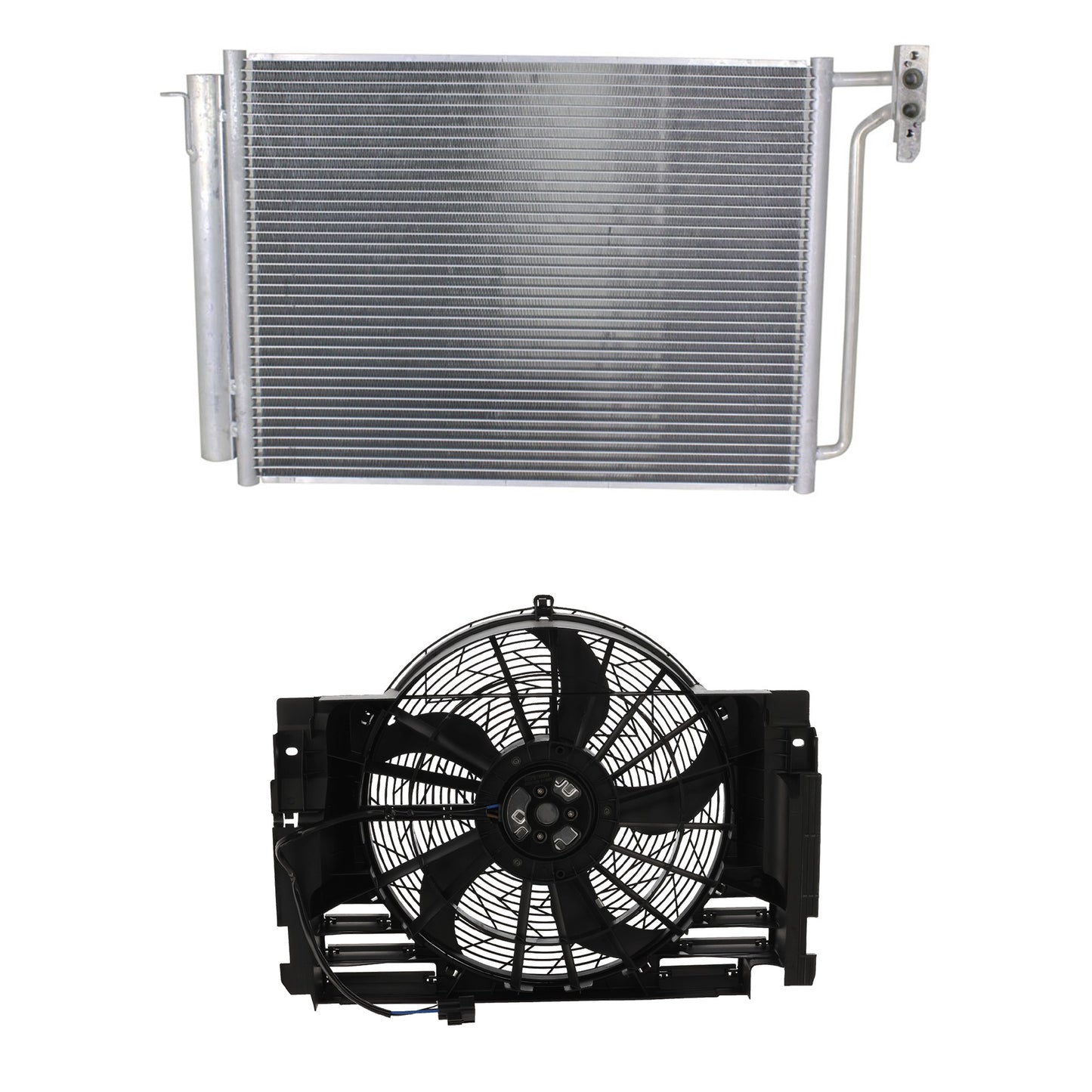 2-Piece Kit A/C Condenser, Includes (1) A/C Condenser and (1) Cooling Fan Assembly