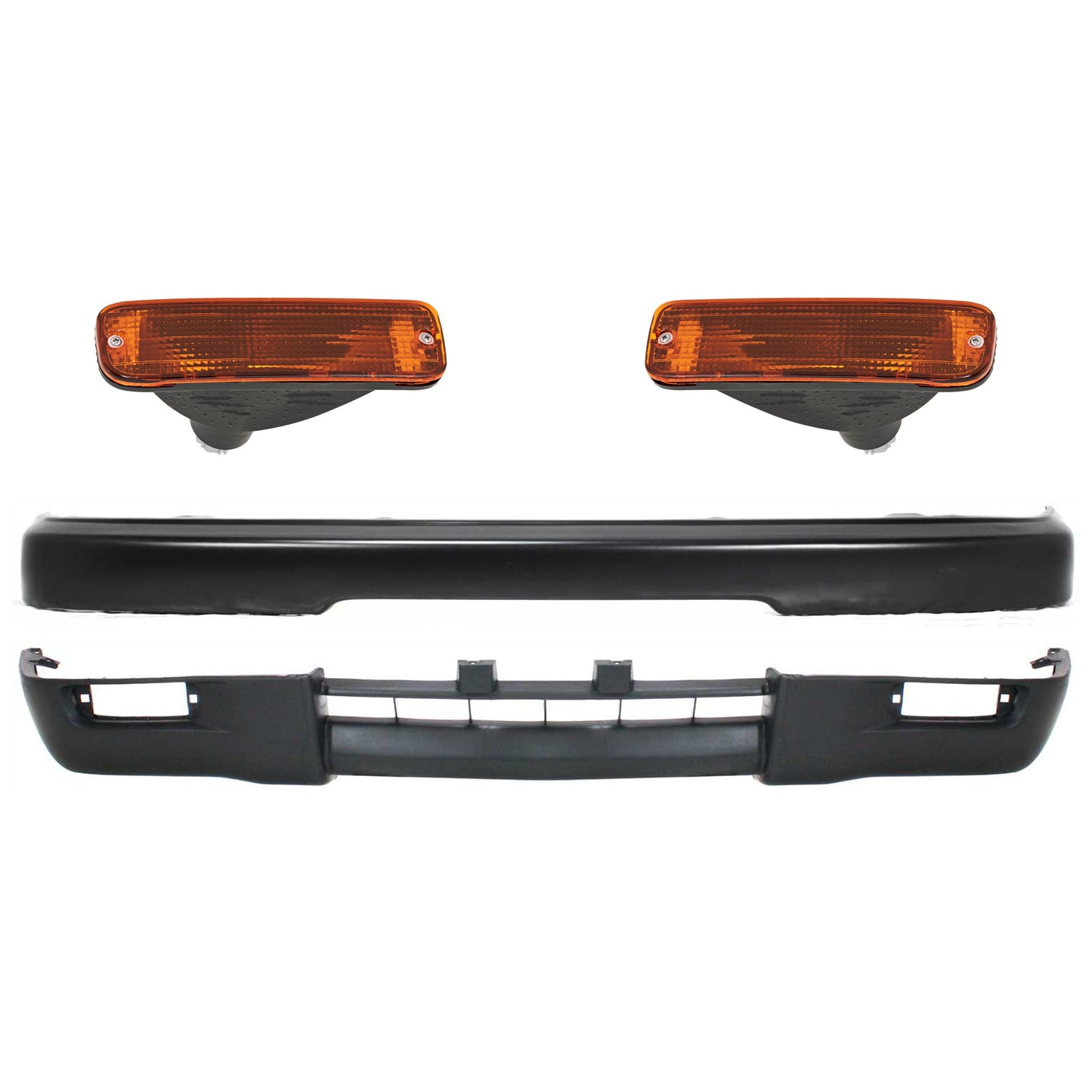 4-Piece Kit, Front Bumper, Painted Black, Includes (1) Bumper, (2) Turn Signal Light, and (1) Valance