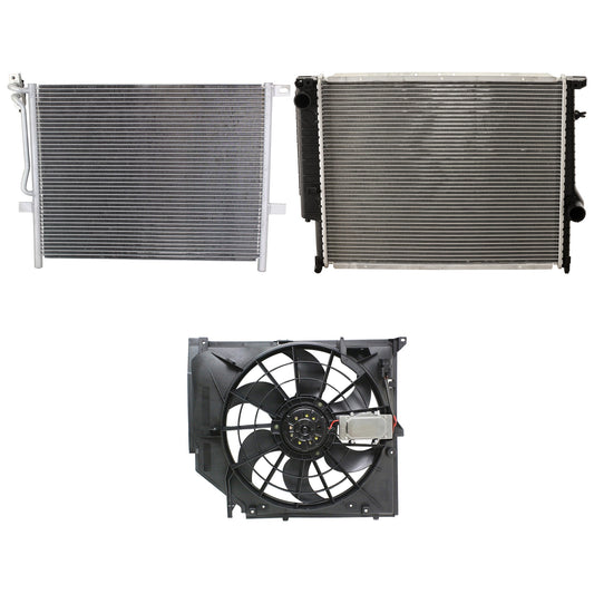 3-Piece Kit A/C Condenser, Includes (1) A/C Condenser, (1) Cooling Fan Assembly and (1) Radiator
