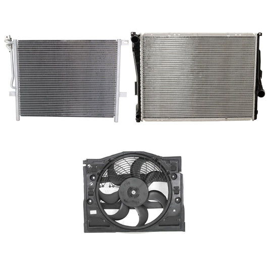 3-Piece Kit A/C Condenser, Includes (1) A/C Condenser, (1) Cooling Fan Assembly and (1) Radiator