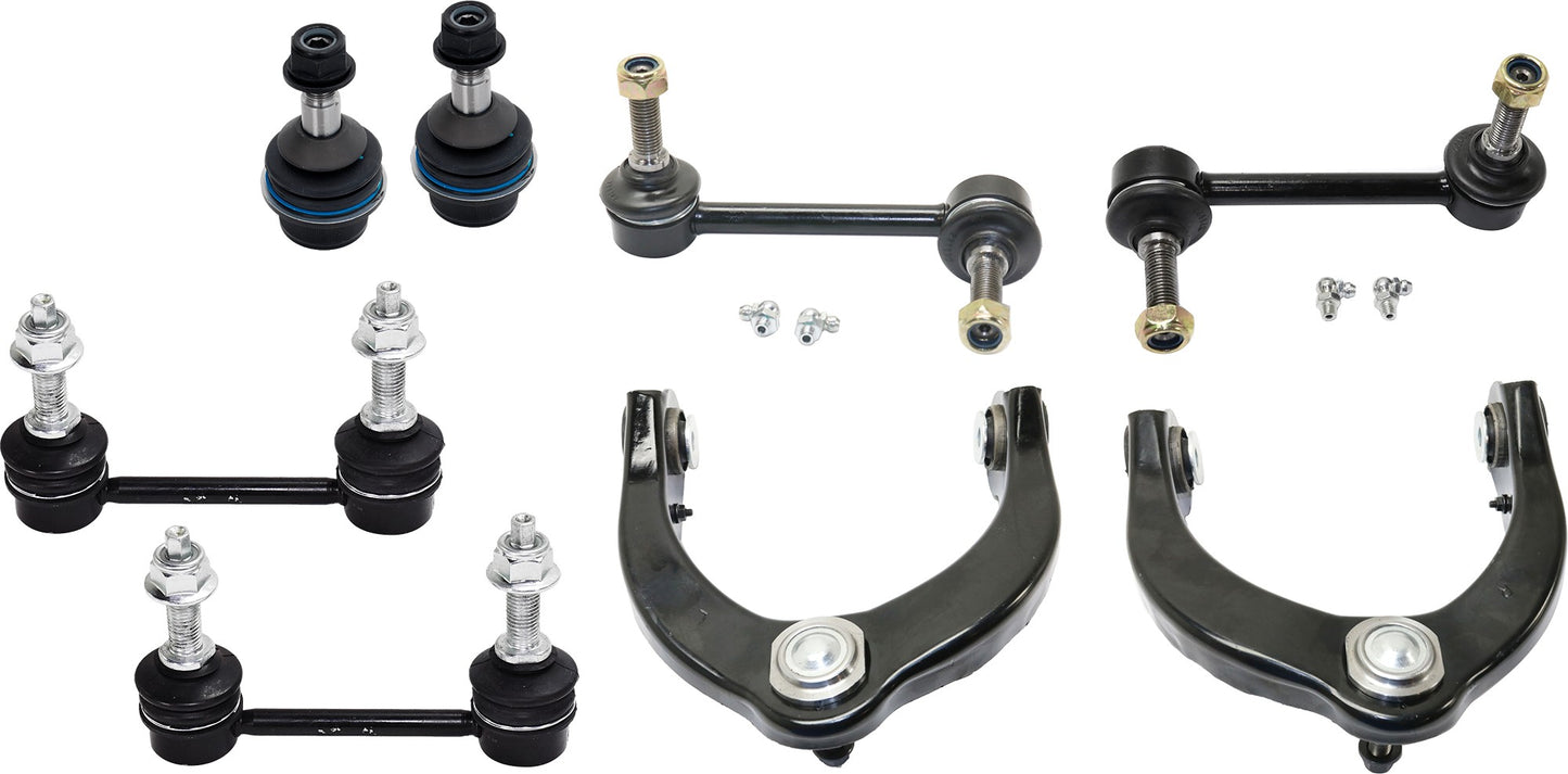8-Piece Kit Front, Driver and Passenger Side, Upper Control Arms, Includes (2) Ball Joint, (2) Control Arm, and (4) Sway Bar Link