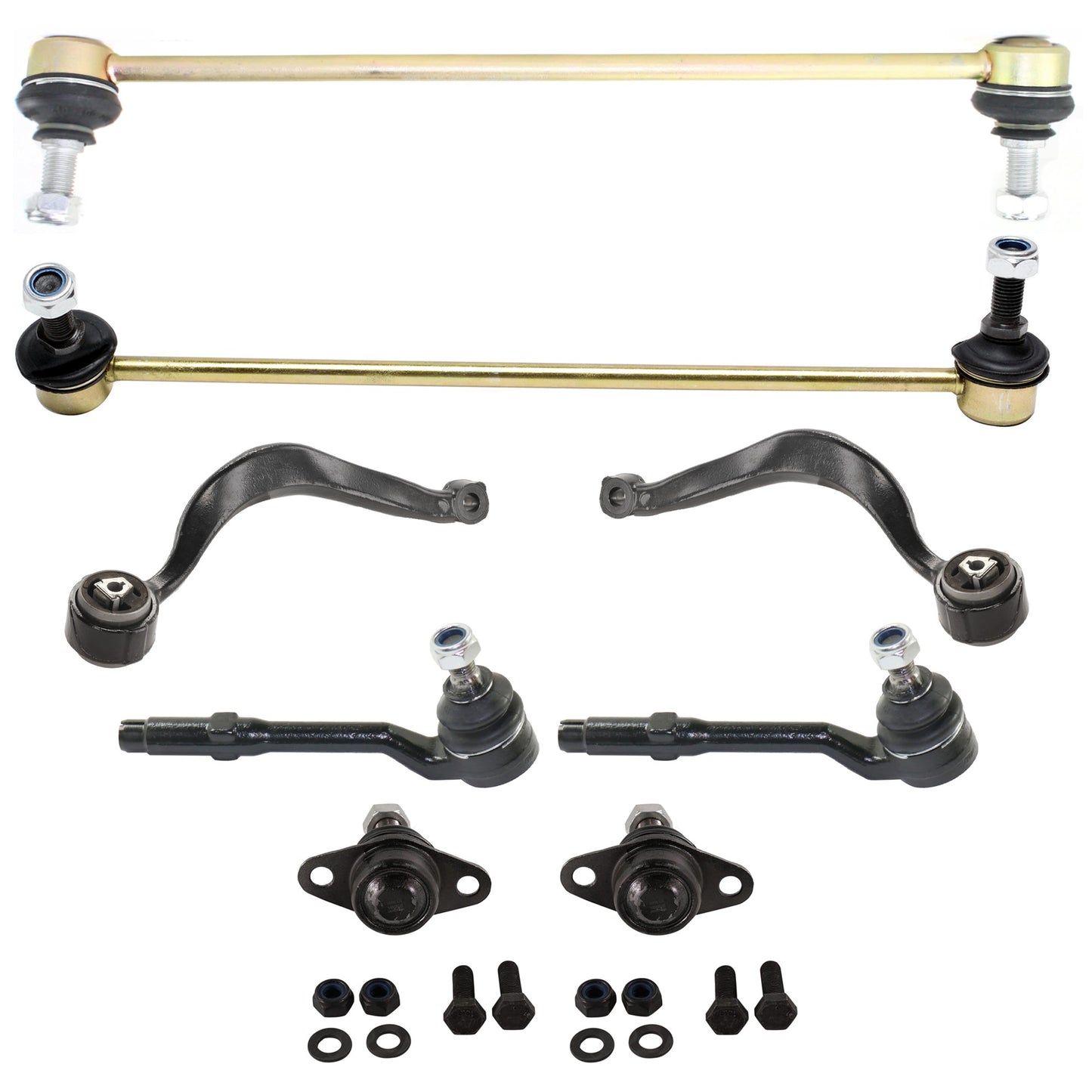 8-Piece Kit Control Arm Includes (2) Ball Joint, (2) Control Arm, (2) Sway Bar Link, and (2) Tie Rod End
