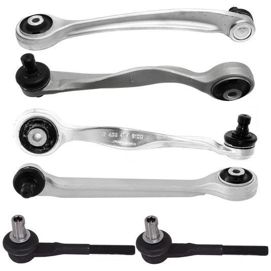 6-Piece Kit Front, Driver and Passenger Side, Upper, Frontward and Rearward Control Arm, Includes (4) Control Arm and (2) Tie Rod End