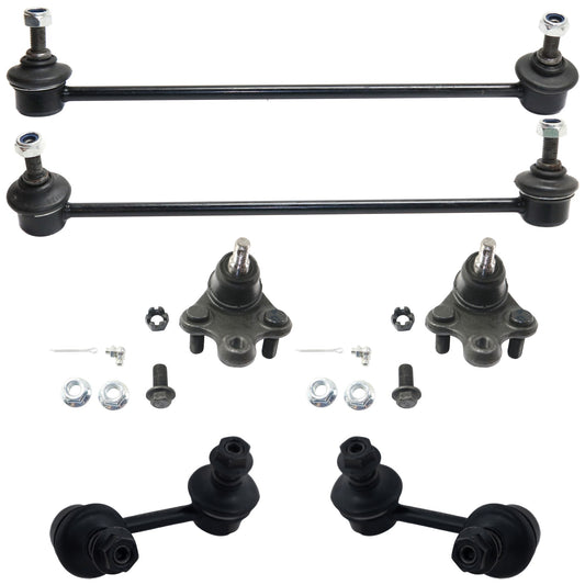 6-Piece Kit Front, Driver and Passenger Side, Lower Ball Joint, includes (2) Ball Joint, (2) Sway Bar Link, and (2) Tie Rod End
