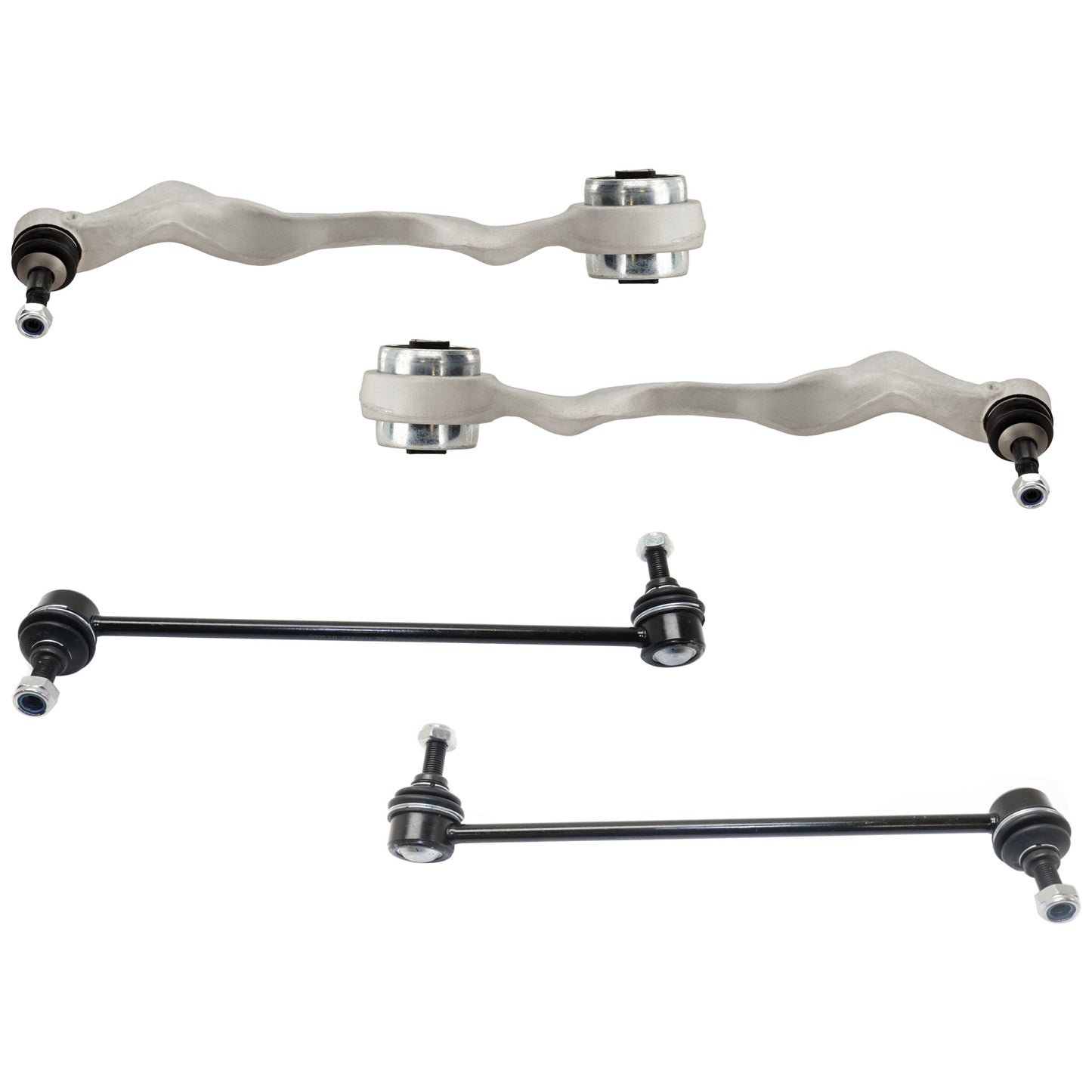 4-Piece Kit Front, Driver and Passenger Side, Lower, Frontward Control Arms, Includes (2) Control Arm and (2) Sway Bar Link