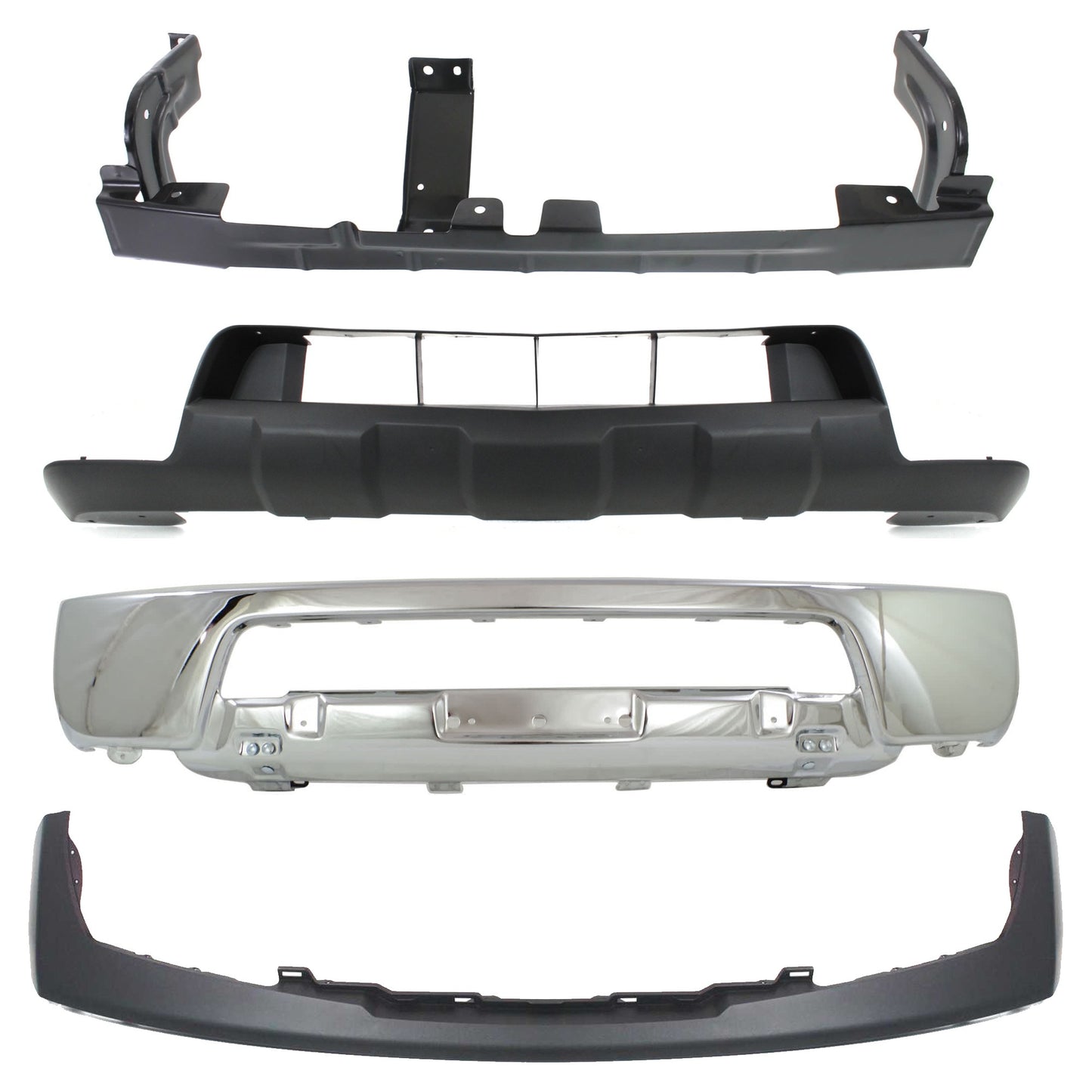 4-Piece Kit, Front, Lower Bumper, For Models Without Off Road Package, Chrome, Includes (1) Bumper, (1) Bumper Retainer, (1) Bumper Trim, and (1) Valance