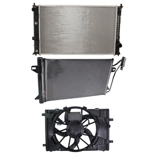 3-Piece Kit Radiator Fan 4 Cyl 2.5L, Single fan, Includes (1) A/C Condenser, (1) Radiator, and (1) Radiator Fan