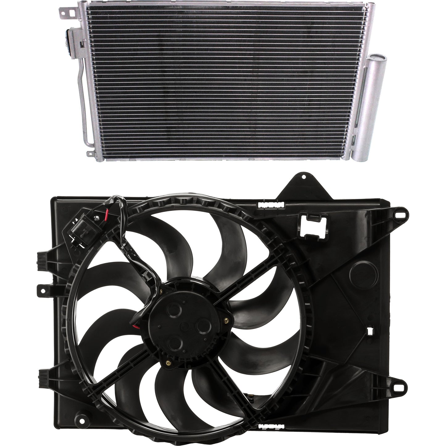 2-Piece Kit Radiator Fan 4 Cyl 1.8L, Manual or Automatic Transmission, Single fan, Includes (1) A/C Condenser and (1) Radiator Fan