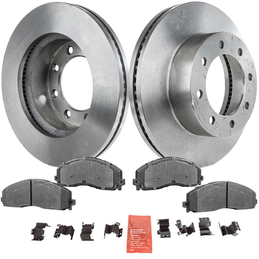 2-Wheel Set Front Brake Disc and Pad Kit, Plain Surface 8 Lugs 363 mm Semi-metallic Pro-Line Series, Includes (2) Brake Disc and (1) Brake Pad Set