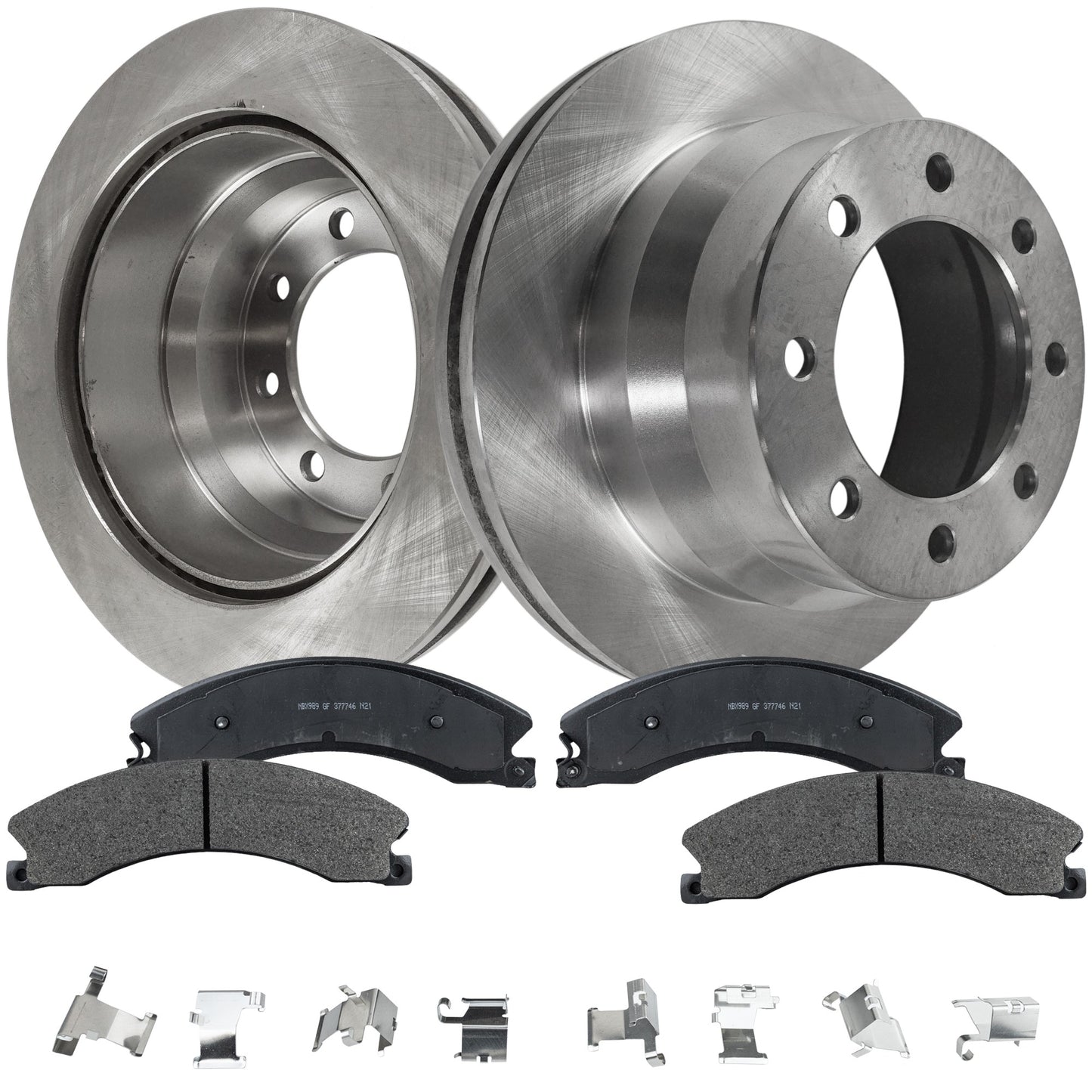 2-Wheel Set Rear Brake Disc and Pad Kit, Plain Surface 8 Lugs 344.93 mm Semi-metallic Pro-Line Series, Includes (2) Brake Disc and (1) Brake Pad Set