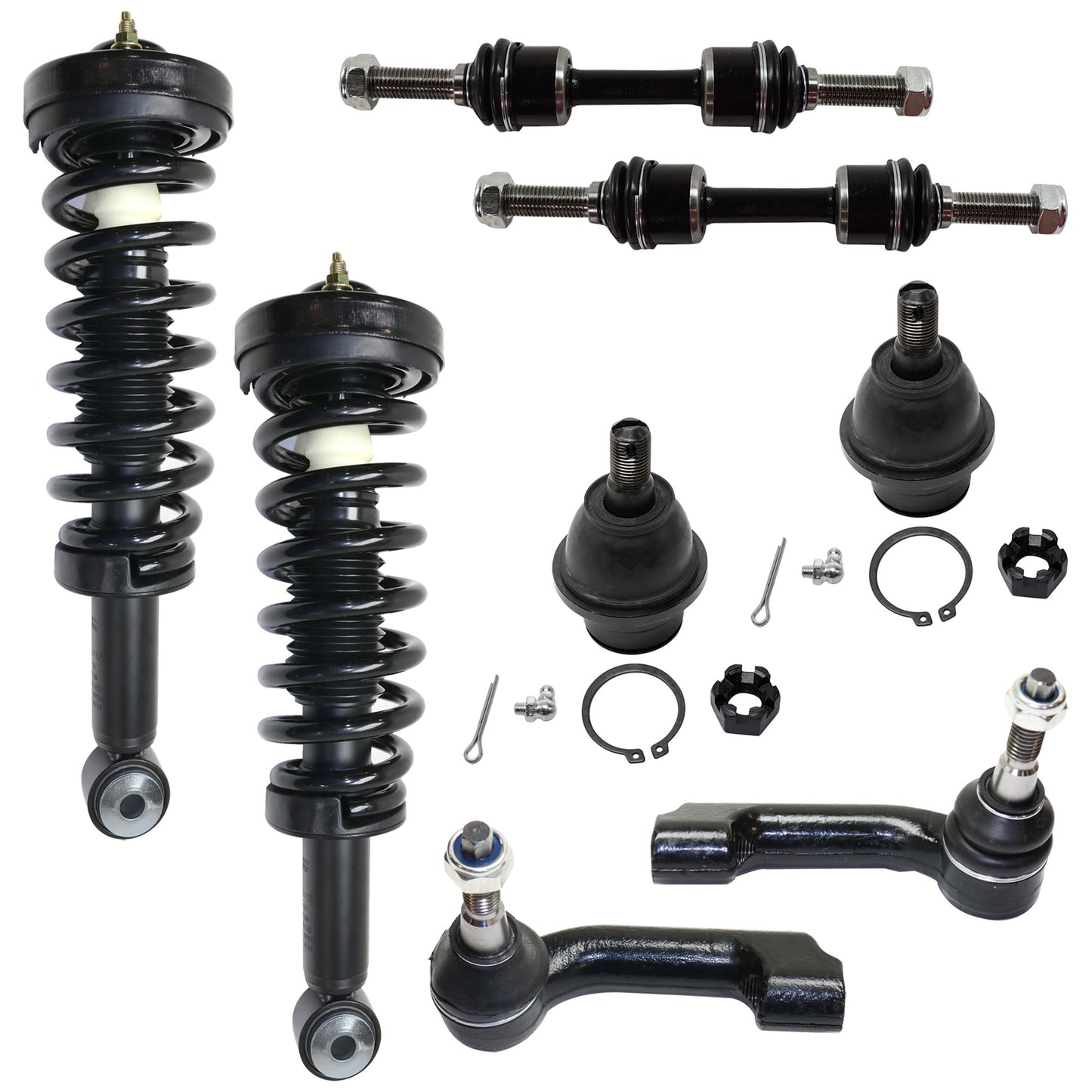 8-Piece Kit Front, Driver and Passenger Side Suspension Kit, Includes (2) Ball Joint, (2) Loaded Strut, (2) Sway Bar Link, and (2) Tie Rod End