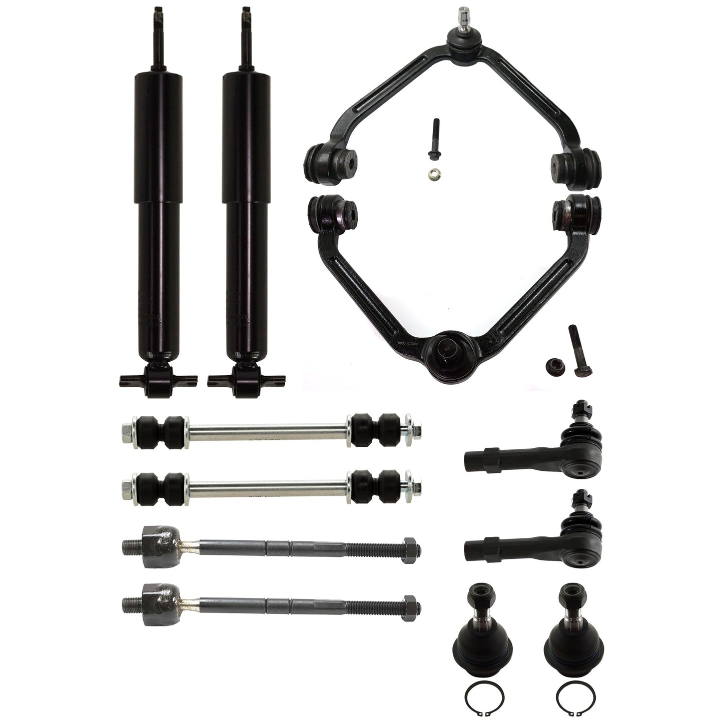 12-Piece Kit Front Suspension Kit, Includes (4) Tie Rod End, (2) Ball Joint, (2) Shock Absorber and Strut Assembly, (2) Sway Bar Link and (2) Control Arm