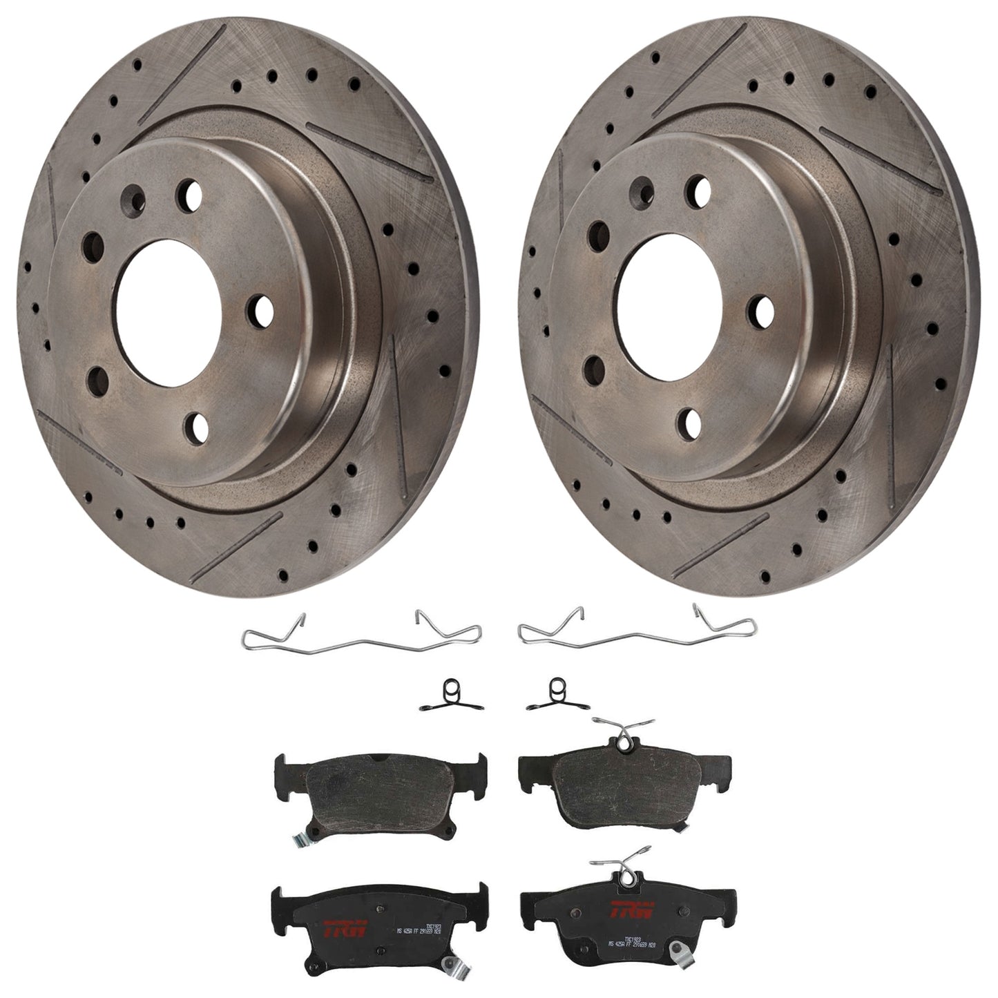 KIT-072524-210 2-Wheel Set Rear Brake Disc and Pad Kit, Cross-drilled and Slotted 5 Lugs 288.04 mm Ceramic, Includes (2) Brake Disc and (1) Brake Pad Set