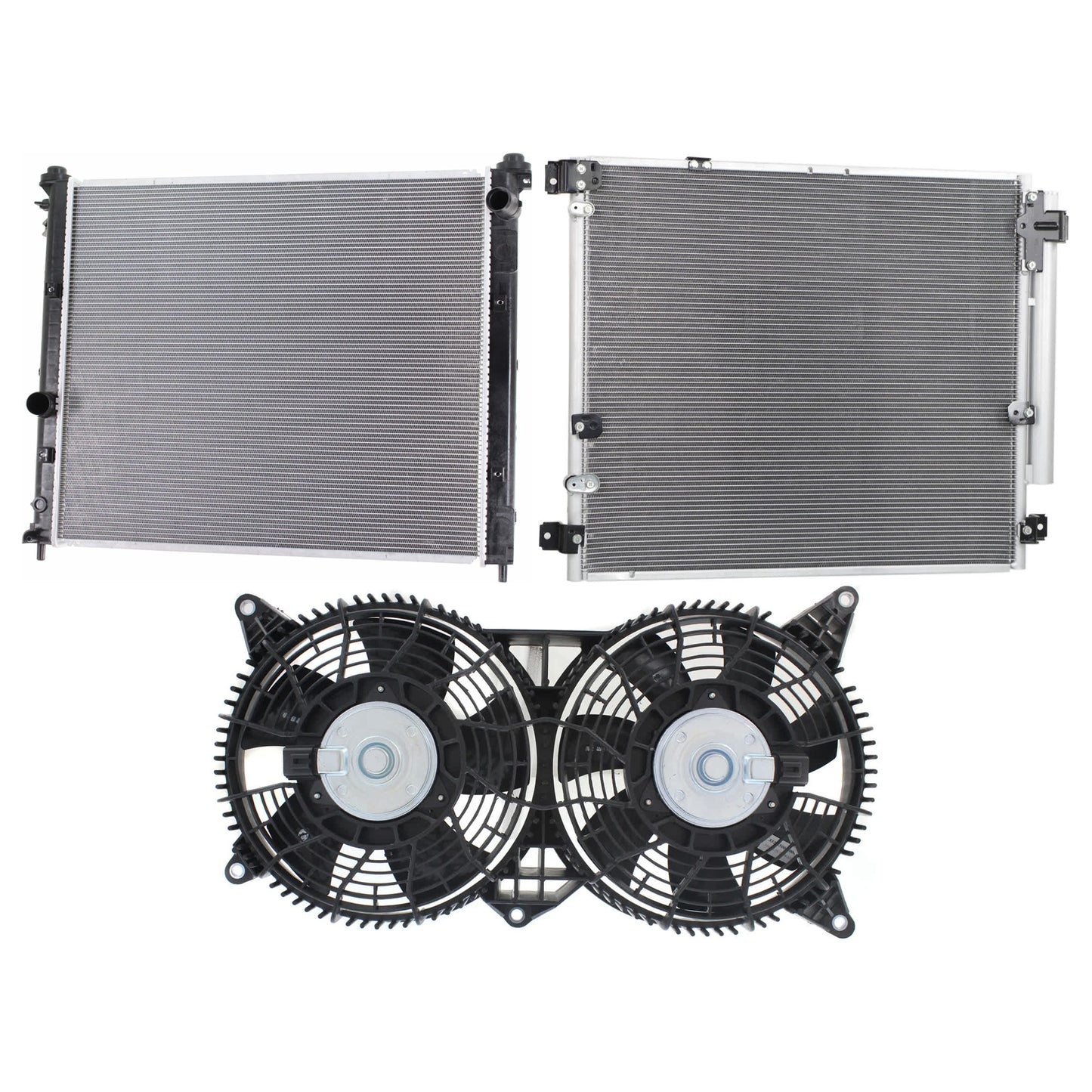 3-Piece Kit A/C Condenser, Includes (1) A/C Condenser, (1) Cooling Fan Assembly and (1) Radiator