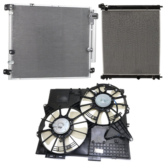 3-Piece Kit A/C Condenser, Includes (1) A/C Condenser, (1) Cooling Fan Assembly and (1) Radiator